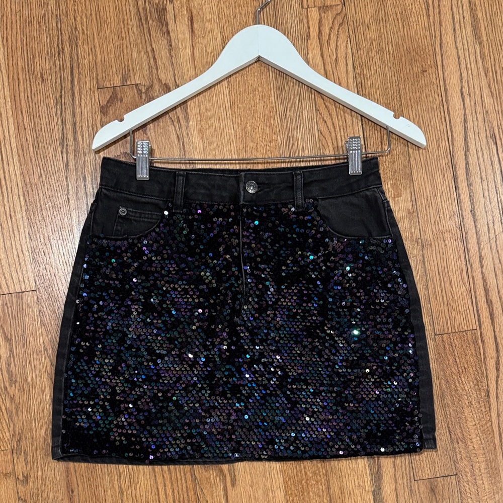 Topshop Black Denim Sequin Mini Skirt
